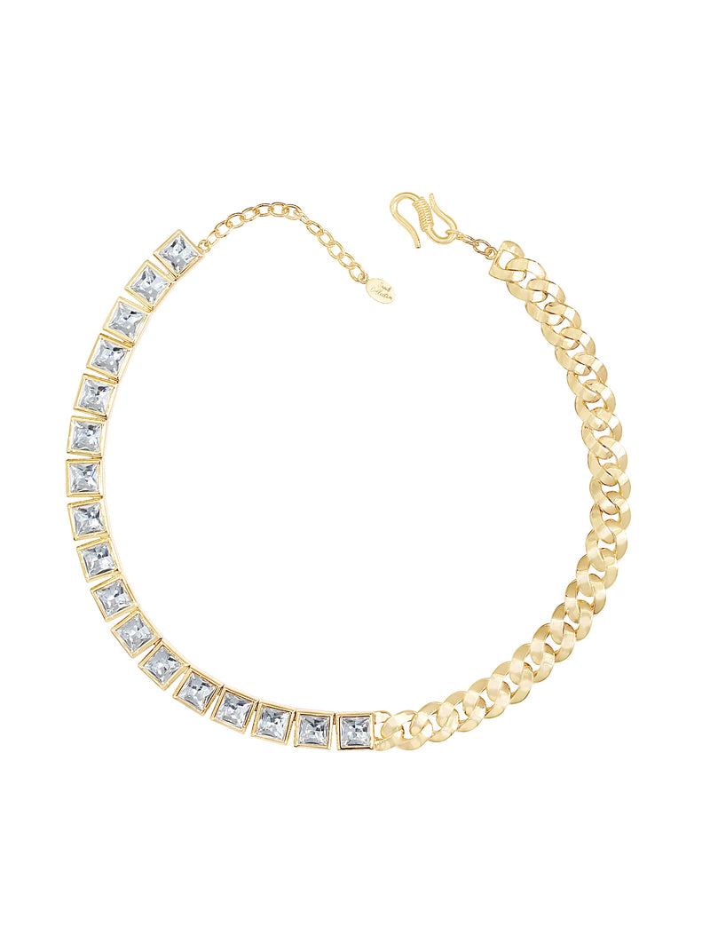 Square Crystal and Chain Gold Necklace